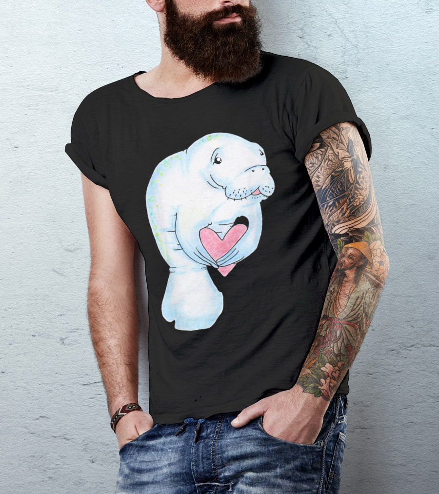 Manatee Holding Heart Valentines Day T-Shirt