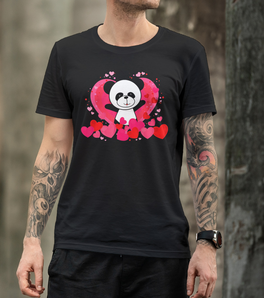 Cute Panda Surrounded By Pink And Red Hearts With Large Heart Background T-Shirt
