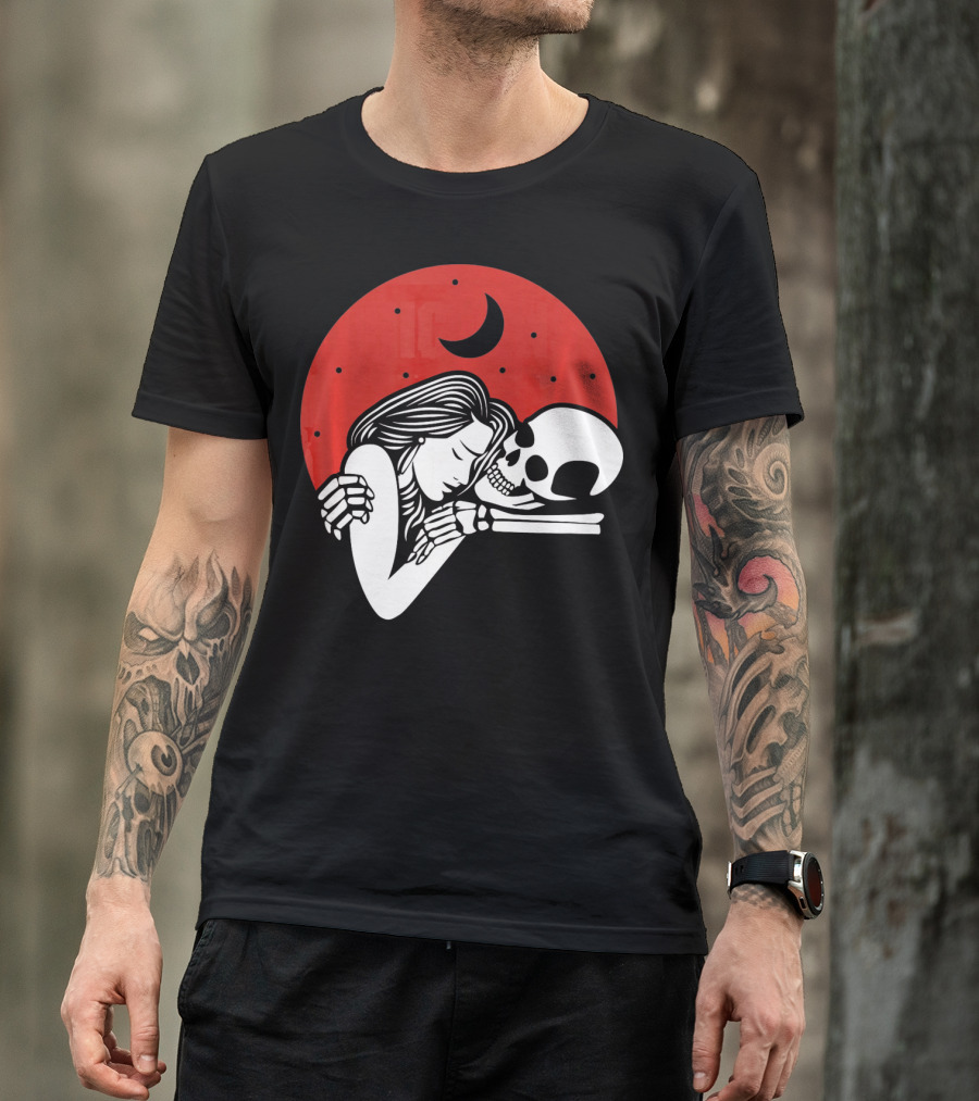 Cute Skeleton Romantic Valentines Moon Embrace T-Shirt