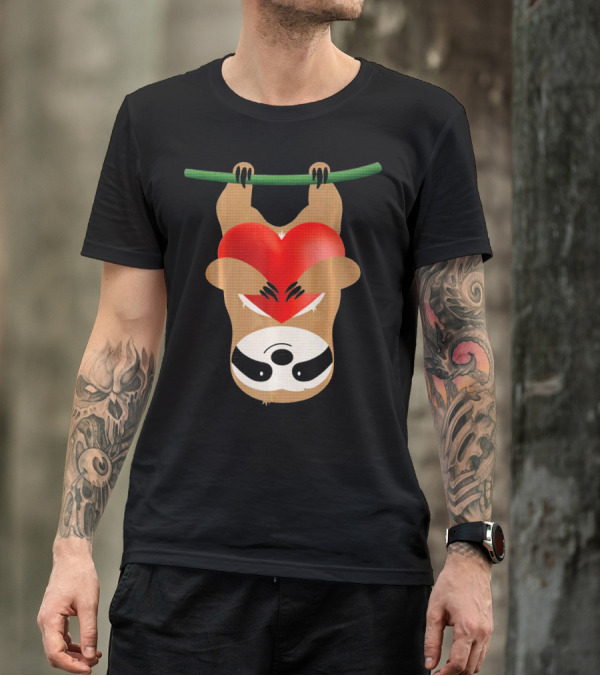 Cute Upside Down Sloth Hugging Red Heart Valentines Love T-Shirt