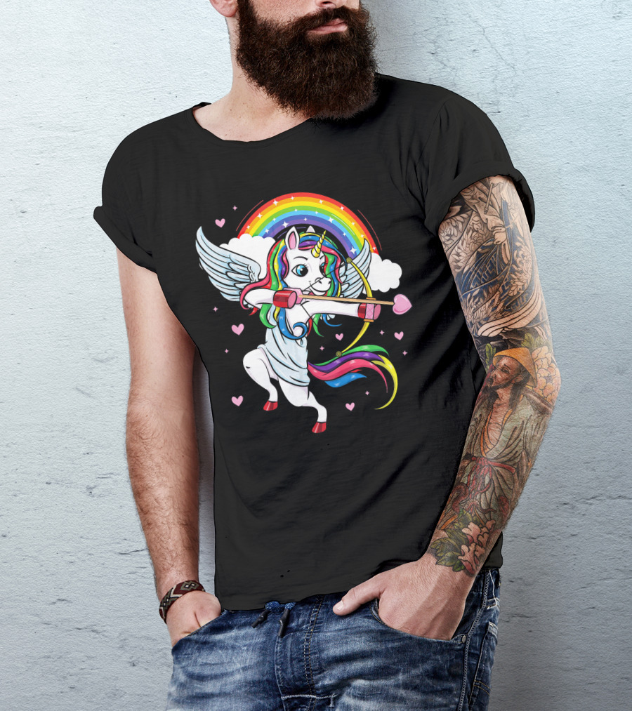 Cute Unicorn Cupid Rainbow Valentines Day Heart Girls T-Shirt
