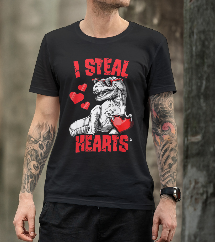 I Steal Hearts Boys Valentines Day Kids Dinosaur T-Shirt