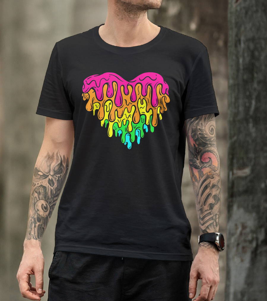Cool Retro 80s Neon Dripping Rainbow Valentines Day Heart T-Shirt