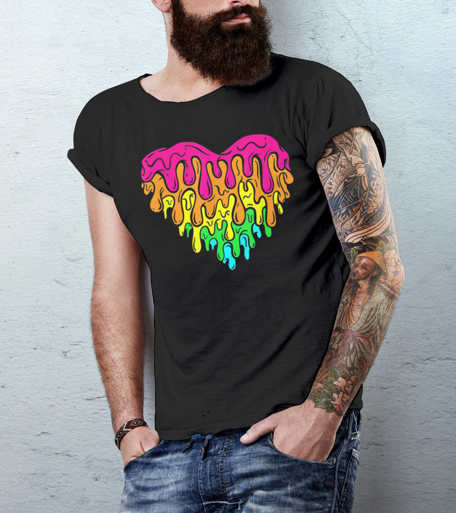 Cool Retro 80s Neon Dripping Rainbow Valentines Day Heart T-Shirt
