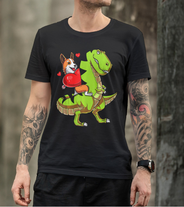 Corgi Dog Riding T-Rex Dinosaur With Hearts Valentin T-Shirt
