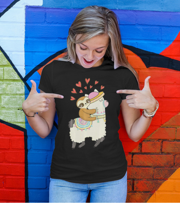 Cute Sloth Riding Llama Heart Va Love Llama Adventure T-Shirt