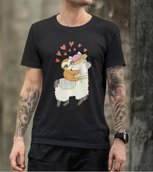 Cute Sloth Riding Llama Heart Va Love Llama Adventure T-Shirt