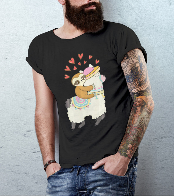Cute Sloth Riding Llama Heart Va Love Llama Adventure T-Shirt