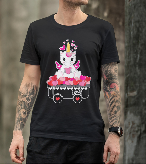 Valentines Day Unicorn Love Wagon With Hearts T-Shirt