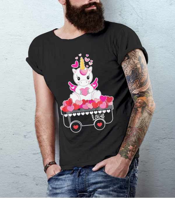 Valentines Day Unicorn Love Wagon With Hearts T-Shirt