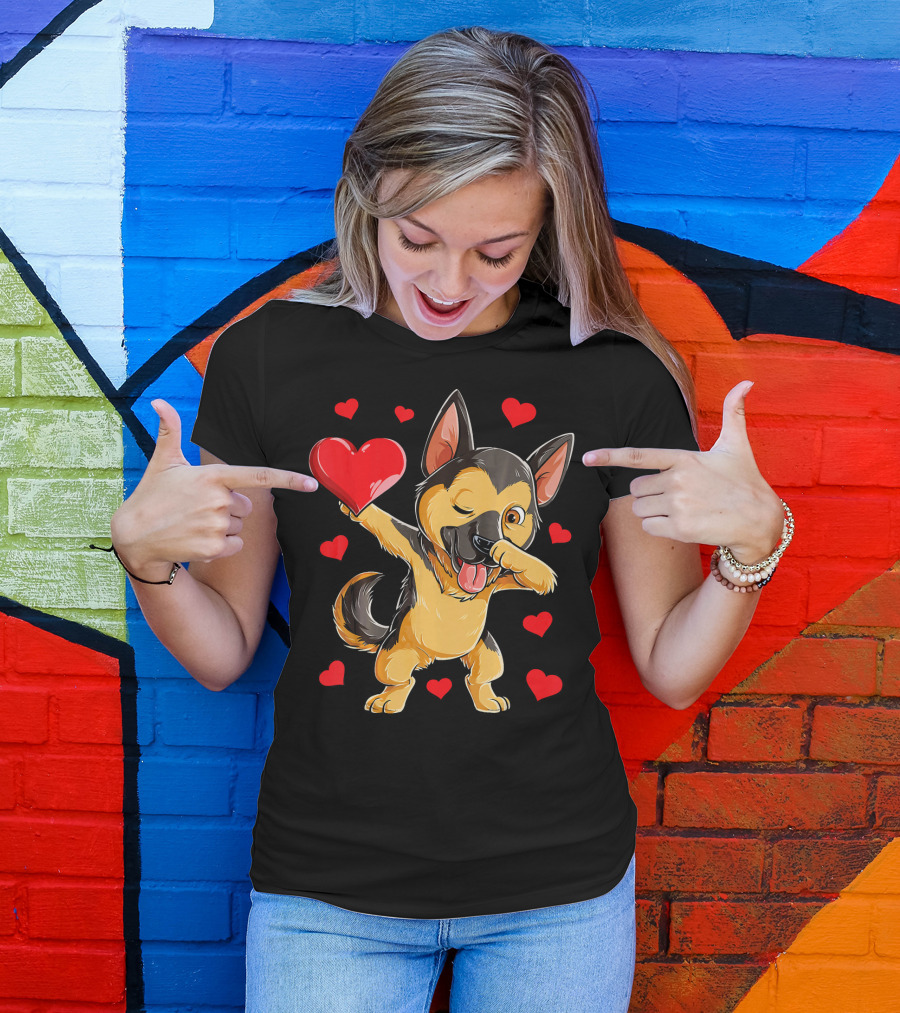 Dabbing German Shepherd Holding Heart Surrounded By Red Valentines Hearts T-Shirt