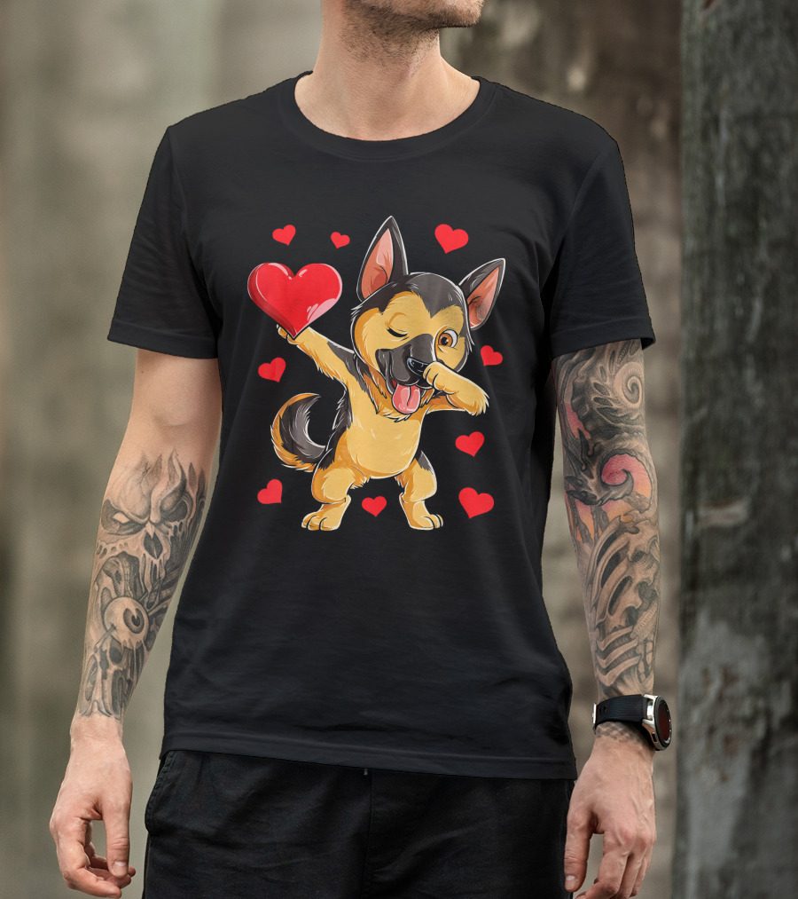 Dabbing German Shepherd Holding Heart Surrounded By Red Valentines Hearts T-Shirt