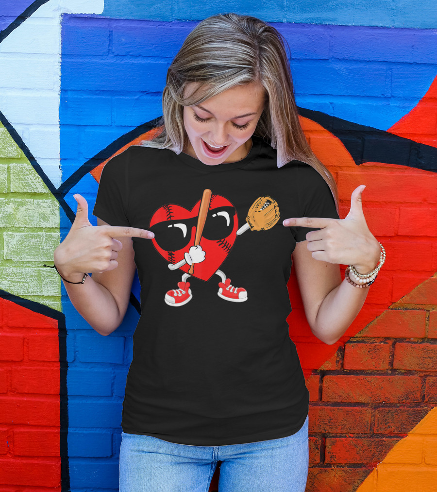 Dabbing Heart Baseball Love Valentines Sunglasses And Sneakers T-Shirt