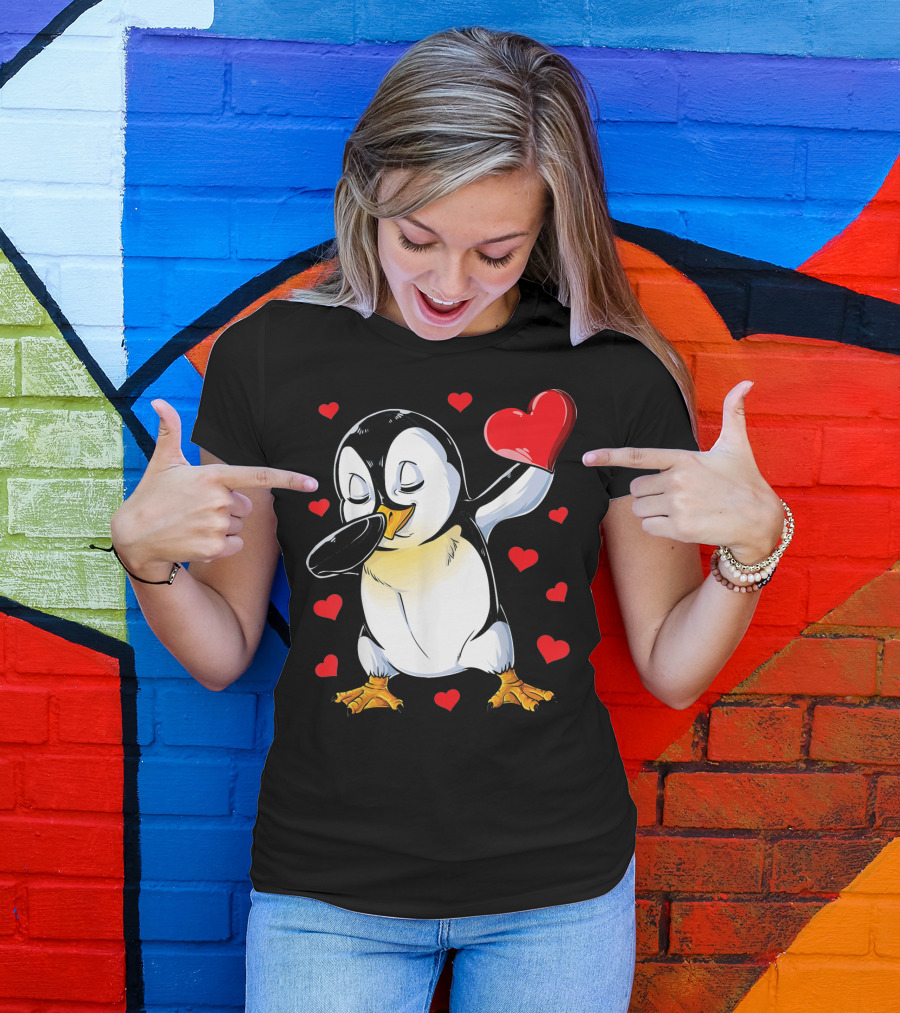 Valentines Dabbing Penguin With Heart Surrounded By Red Hearts T-Shirt