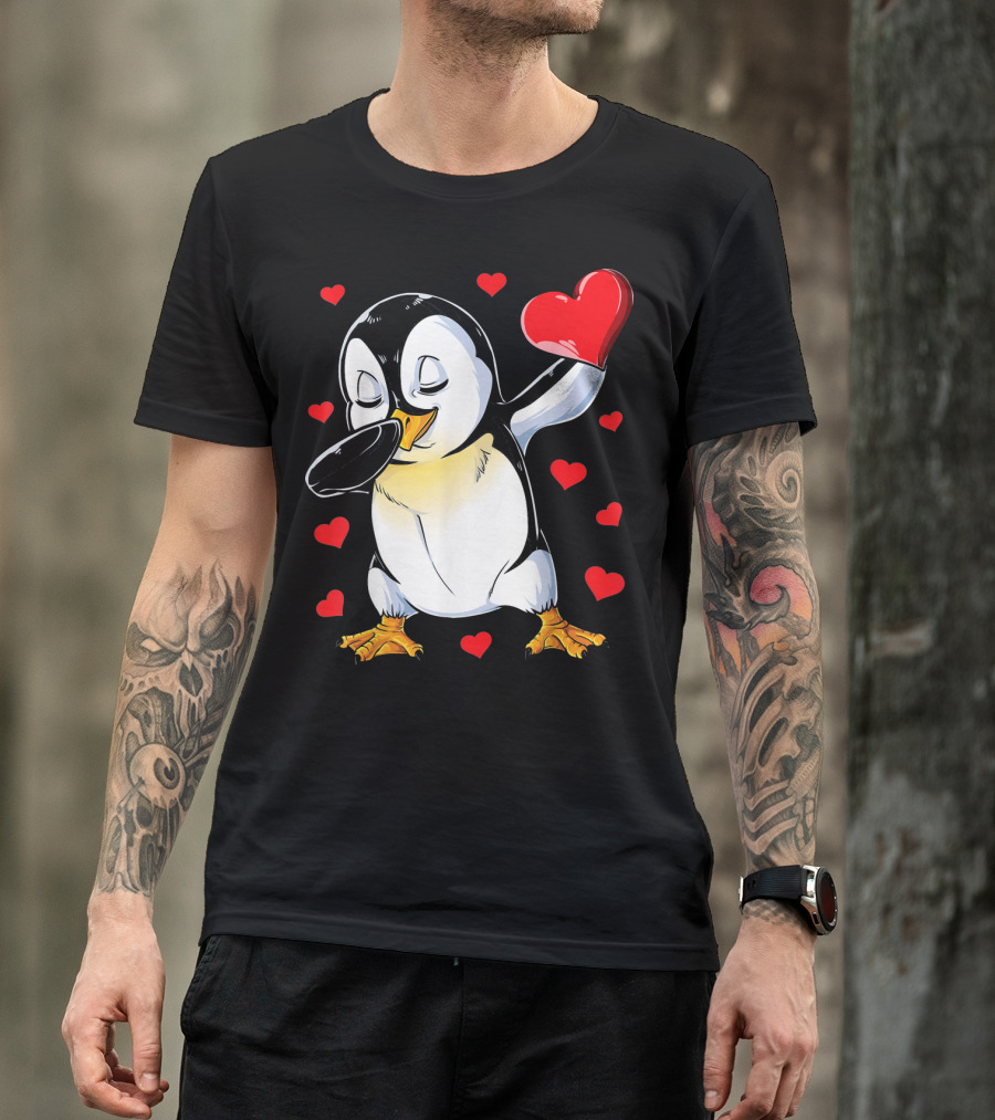Valentines Dabbing Penguin With Heart Surrounded By Red Hearts T-Shirt
