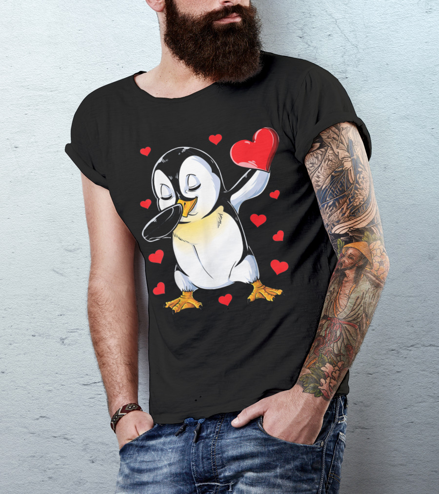 Valentines Dabbing Penguin With Heart Surrounded By Red Hearts T-Shirt