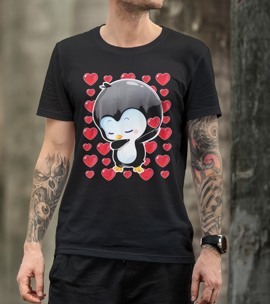 Valentines Day Penguin Dabbing Surrounded By Hearts T-Shirt