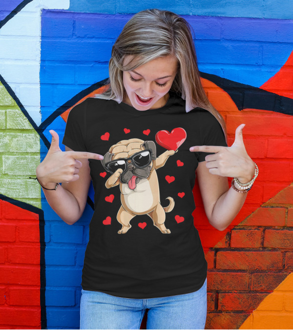 Dabbing Pug Holding Heart Surrounded By Red Hearts Valentines Day T-Shirt