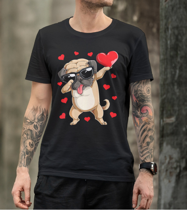 Dabbing Pug Holding Heart Surrounded By Red Hearts Valentines Day T-Shirt