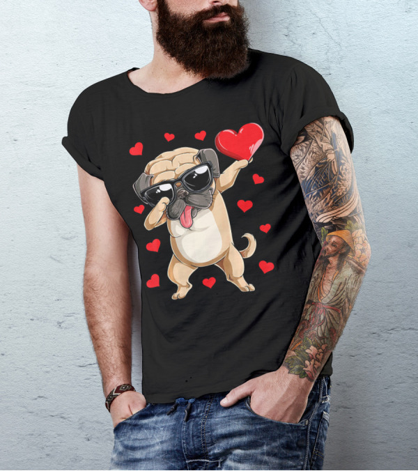 Dabbing Pug Holding Heart Surrounded By Red Hearts Valentines Day T-Shirt