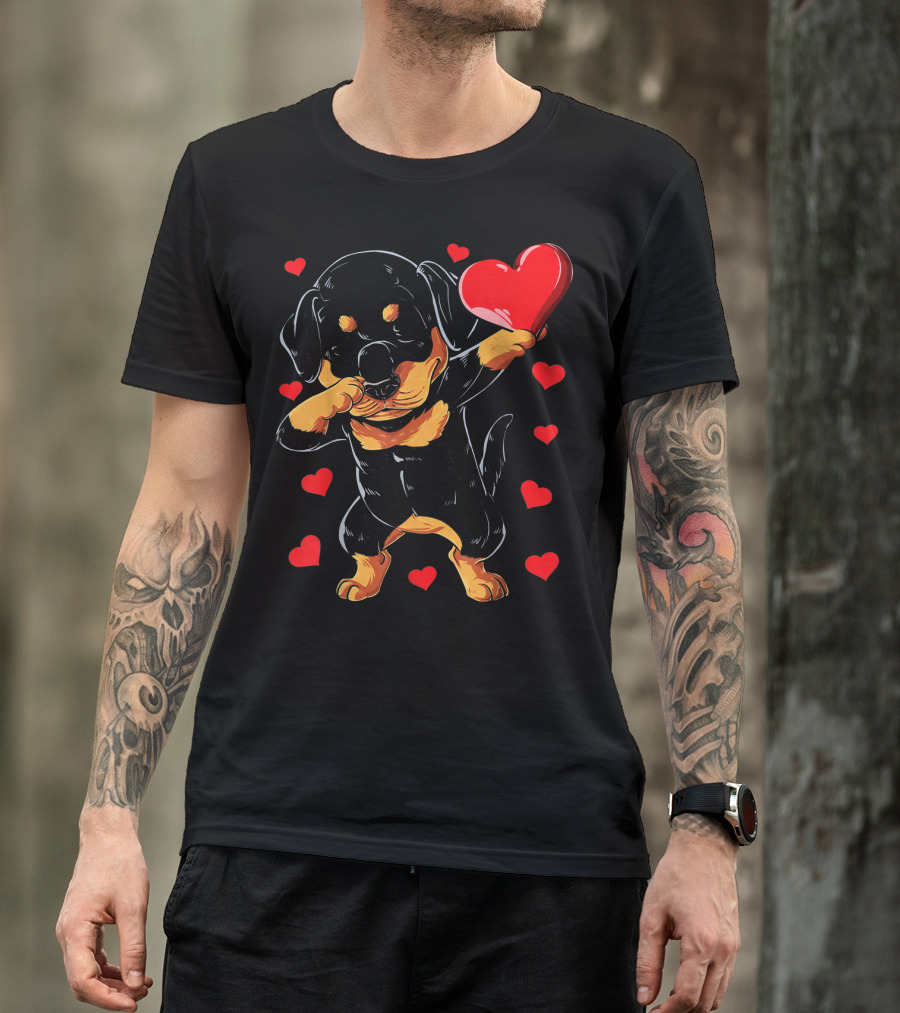 Dabbing Rottweiler Heart Valentine With Red Hearts T-Shirt