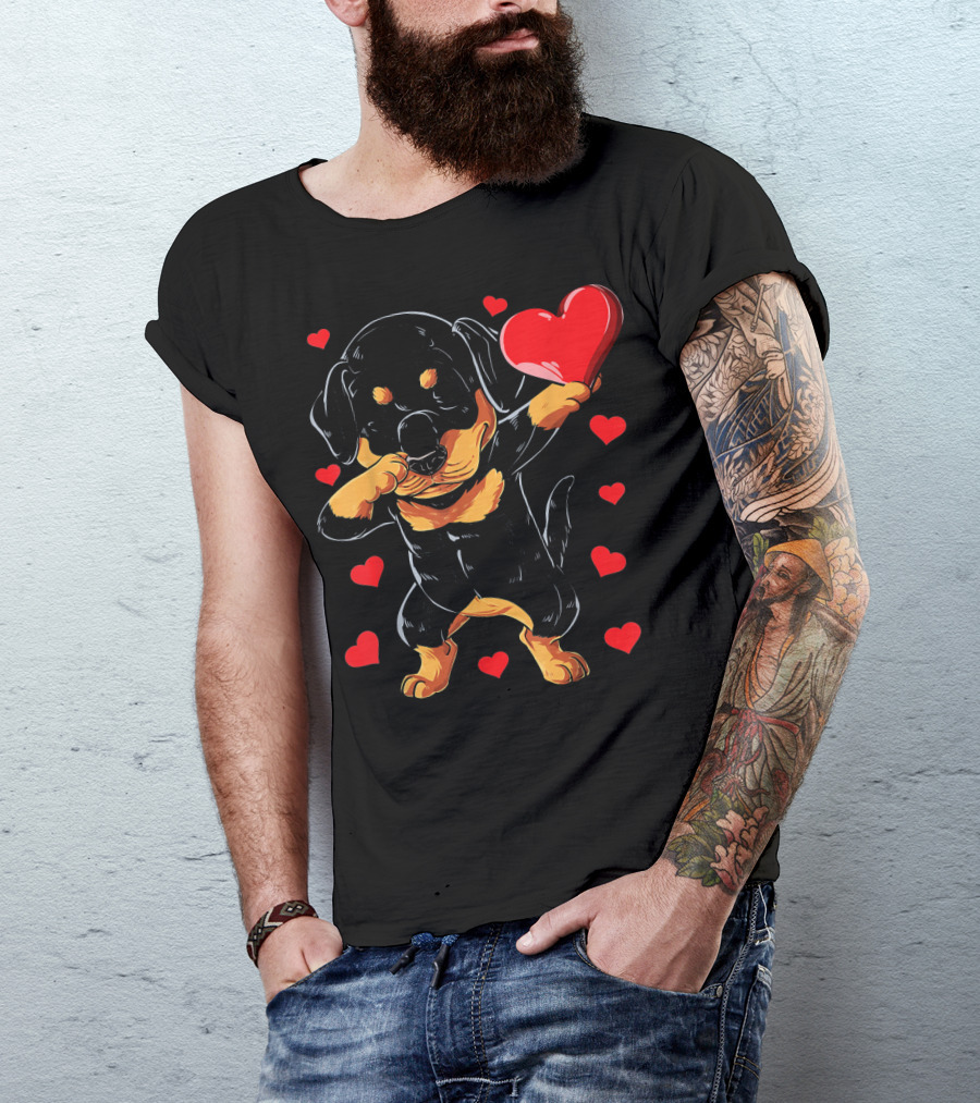 Dabbing Rottweiler Heart Valentine With Red Hearts T-Shirt