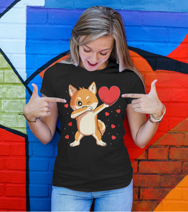 Dabbing Shiba Inu Holding Heart Valentine’s Day Dog With Hearts T-Shirt