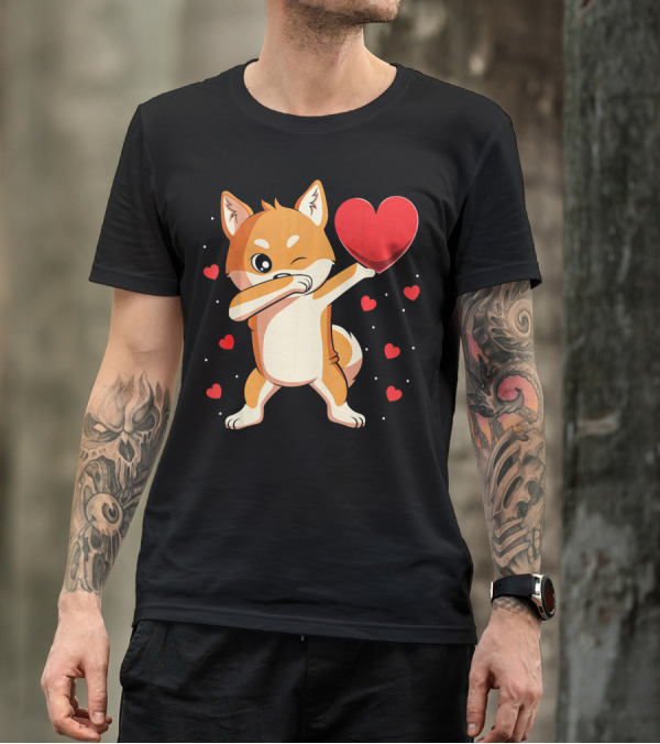 Dabbing Shiba Inu Holding Heart Valentine’s Day Dog With Hearts T-Shirt