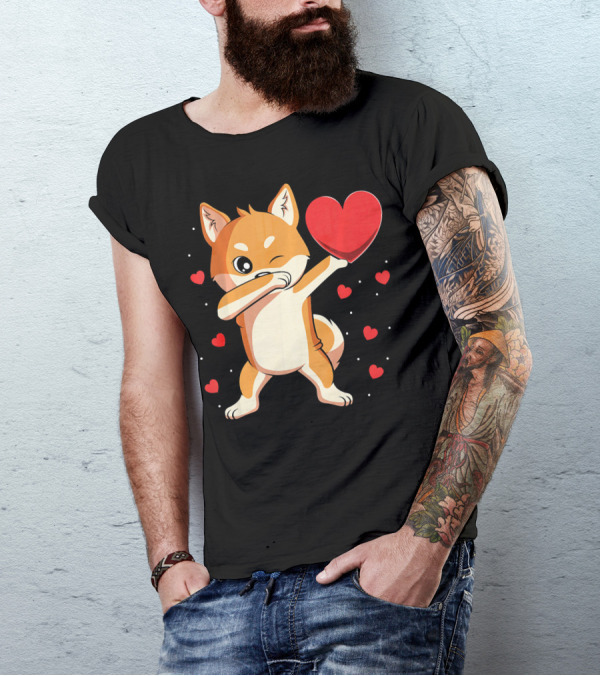 Dabbing Shiba Inu Holding Heart Valentine’s Day Dog With Hearts T-Shirt