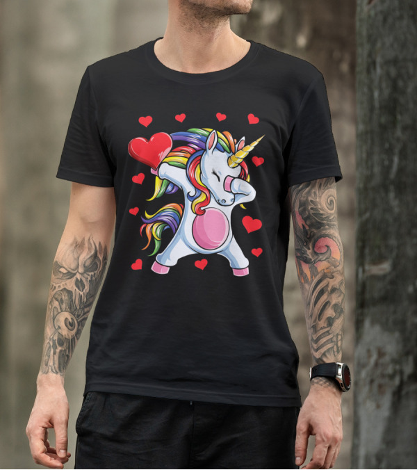 Rainbow Dabbing Unicorn With Hearts Valentine's T-Shirt