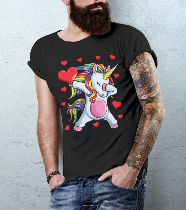 Rainbow Dabbing Unicorn With Hearts Valentine's T-Shirt