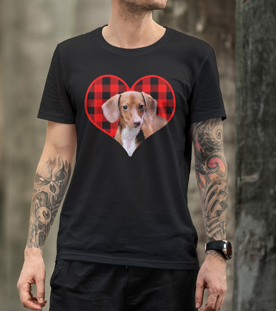 Dachshund In Red Plaid Heart Valentine's Day T-Shirt