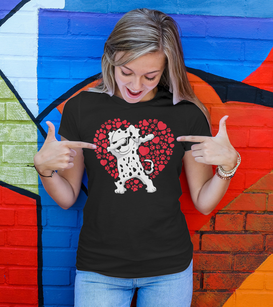 Dalmatian Dog Dabbing With Heart-Shaped Paw Print Valentine Fun T-Shirt