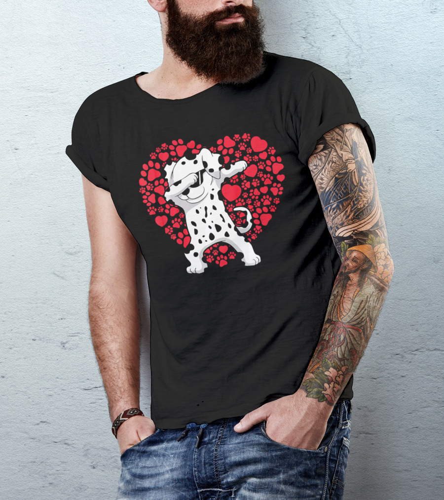 Dalmatian Dog Dabbing With Heart-Shaped Paw Print Valentine Fun T-Shirt