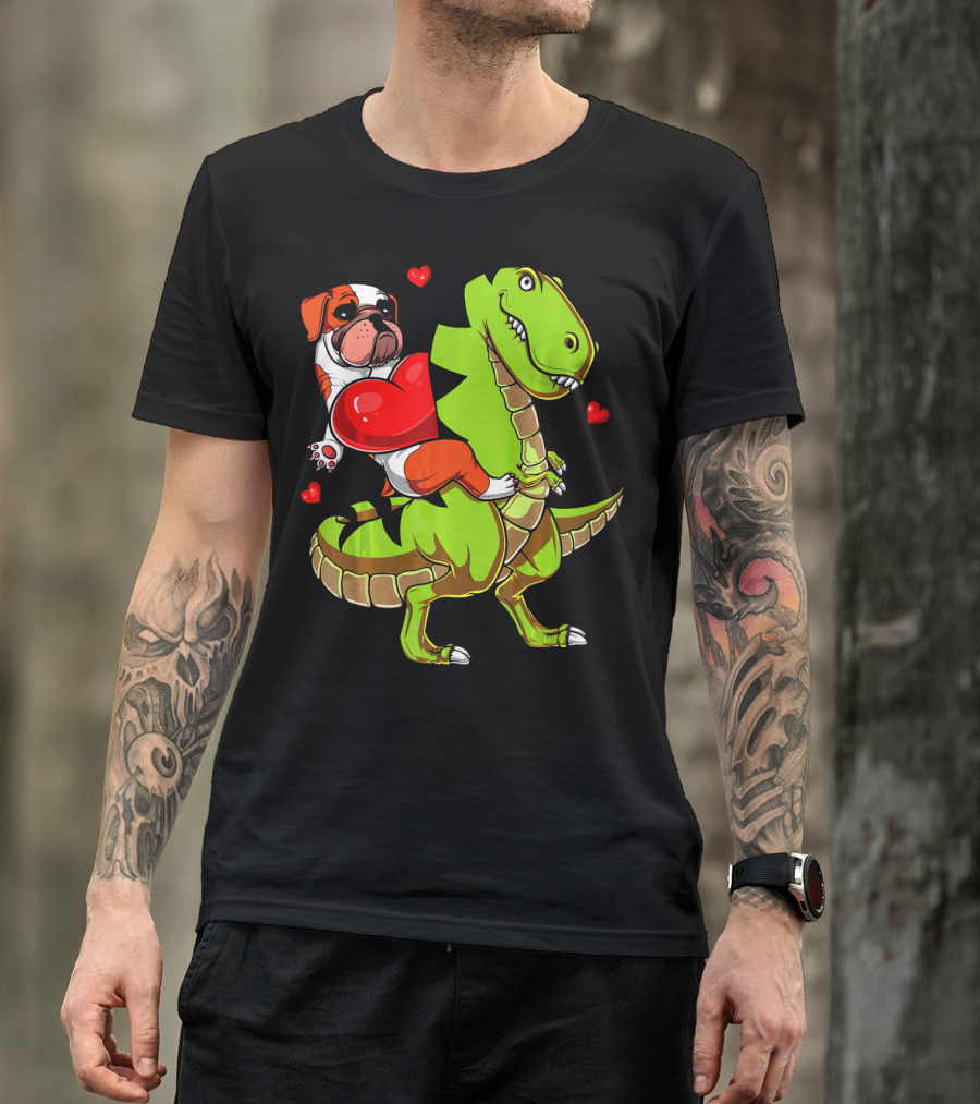English Bulldog Hugging Red Heart Riding Green T-Rex Dinosaur With Hearts T-Shirt
