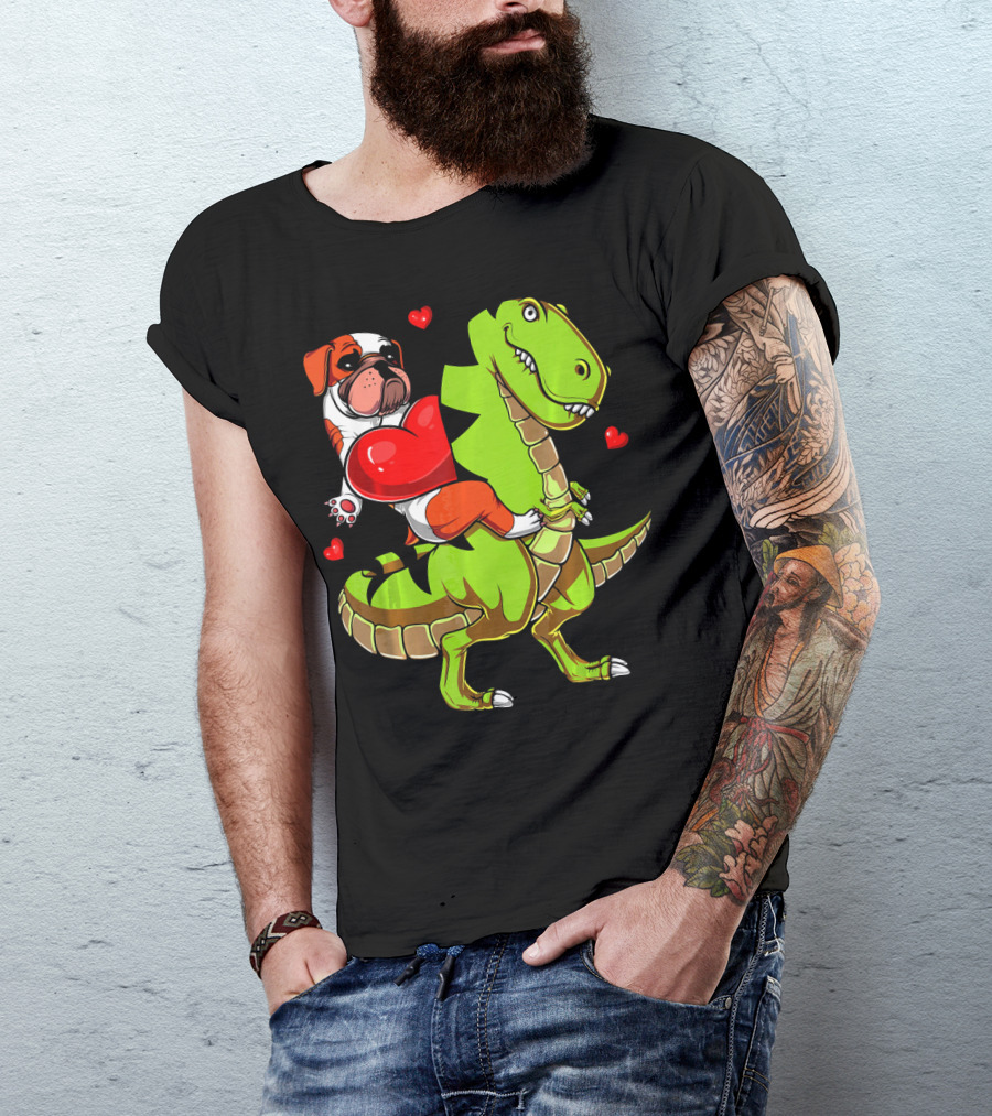 English Bulldog Hugging Red Heart Riding Green T-Rex Dinosaur With Hearts T-Shirt