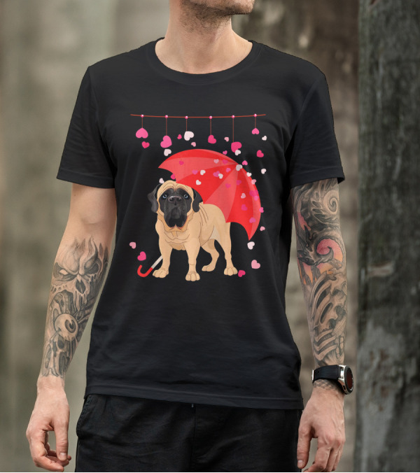 English Mastiff Under Red Umbrella With Raining Hearts Valentine T-Shirt