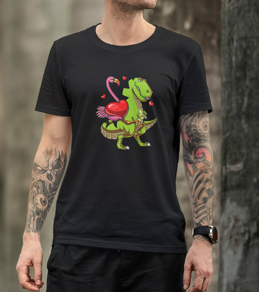 Flamingo Riding T-Rex Dinosaur With Hearts T-Shirt