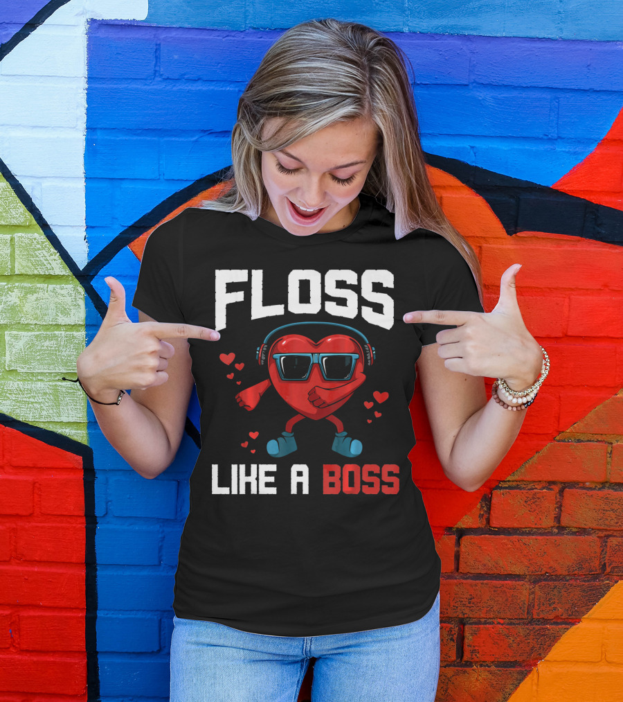Floss Like A Boss Heart Sunglasses Headphones Valentine's Day T-Shirt