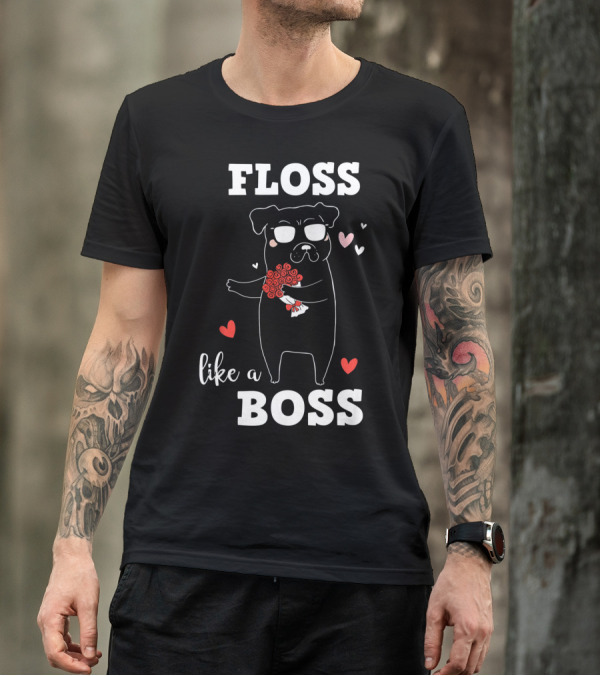 Floss Like A Boss Valentines Day Dog Holding Flowers With Hearts T-Shirt