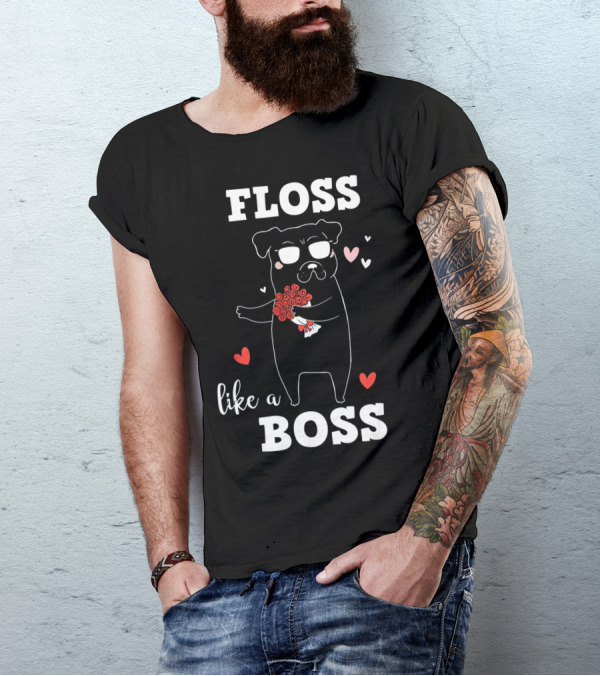 Floss Like A Boss Valentines Day Dog Holding Flowers With Hearts T-Shirt