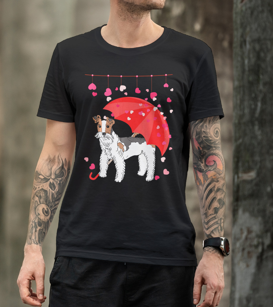 Fox Terrier With Red Umbrella And Falling Hearts Valentines T-Shirt
