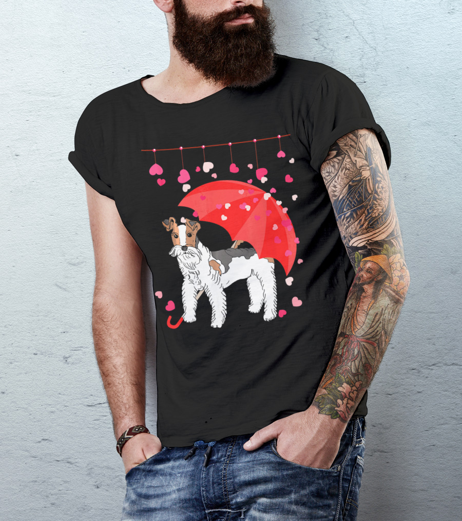 Fox Terrier With Red Umbrella And Falling Hearts Valentines T-Shirt