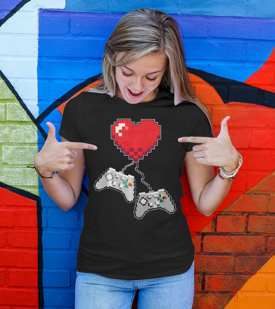 Pixel Heart Gaming Valentine Dual Controller Fun T-Shirt