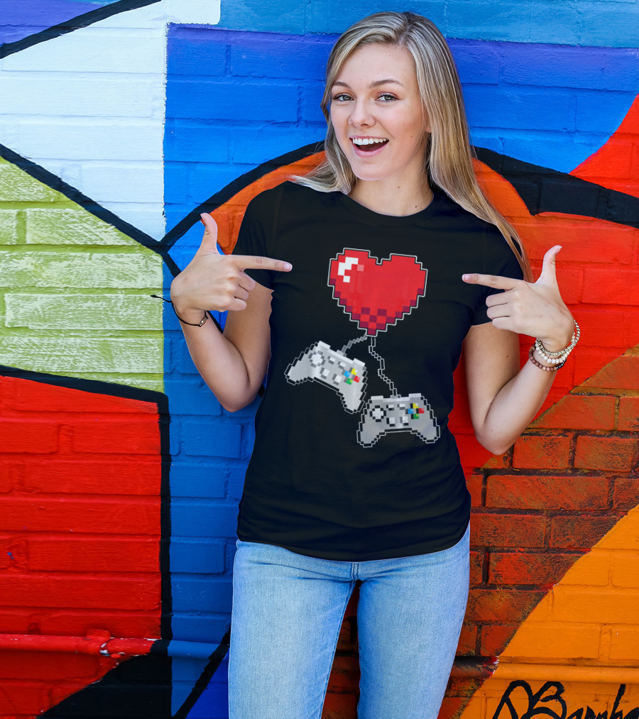 Pixel Heart Gaming Valentine Dual Controller Fun T-Shirt