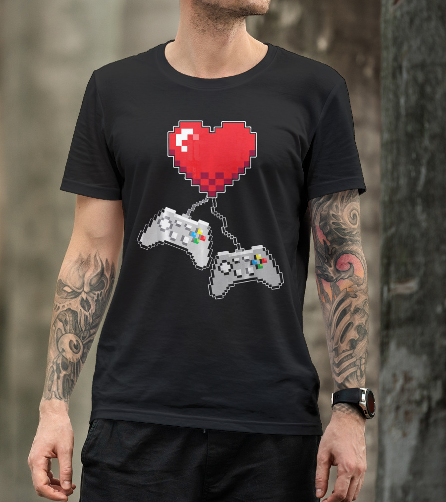 Pixel Heart Gaming Valentine Dual Controller Fun T-Shirt
