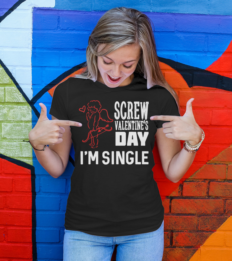 Screw Valentine's Day I'm Single Cupid Heart Drawing T-Shirt