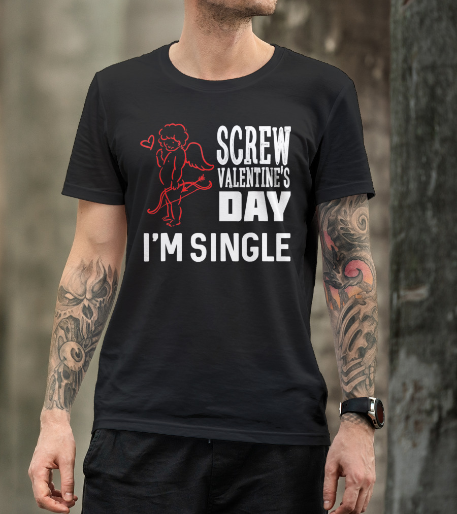 Screw Valentine's Day I'm Single Cupid Heart Drawing T-Shirt