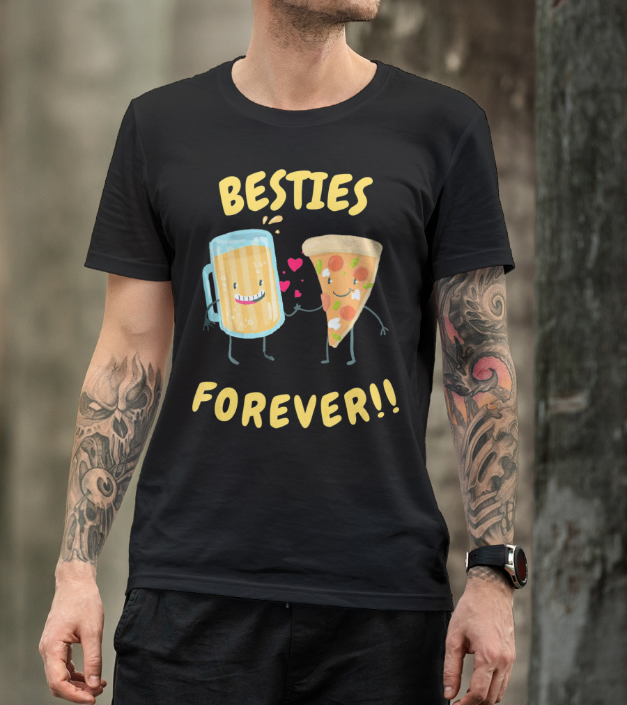Besties Forever Beer And Pizza Lover Characters T-Shirt