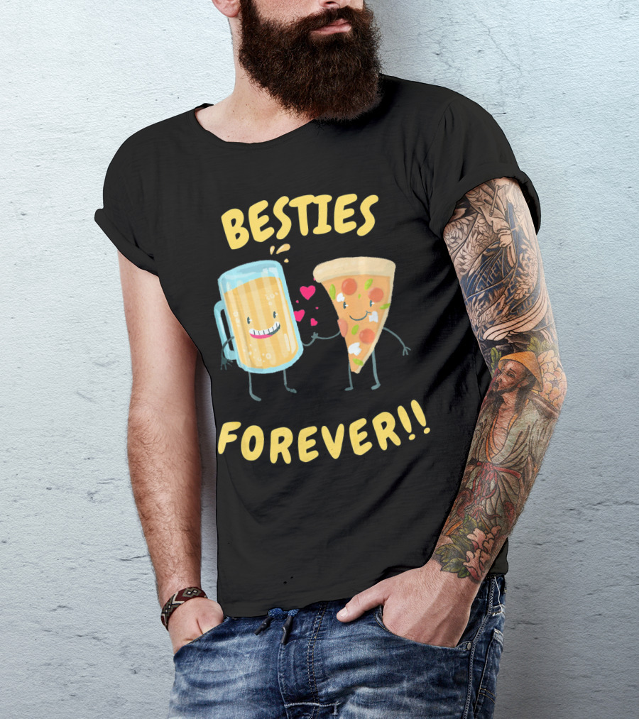 Besties Forever Beer And Pizza Lover Characters T-Shirt
